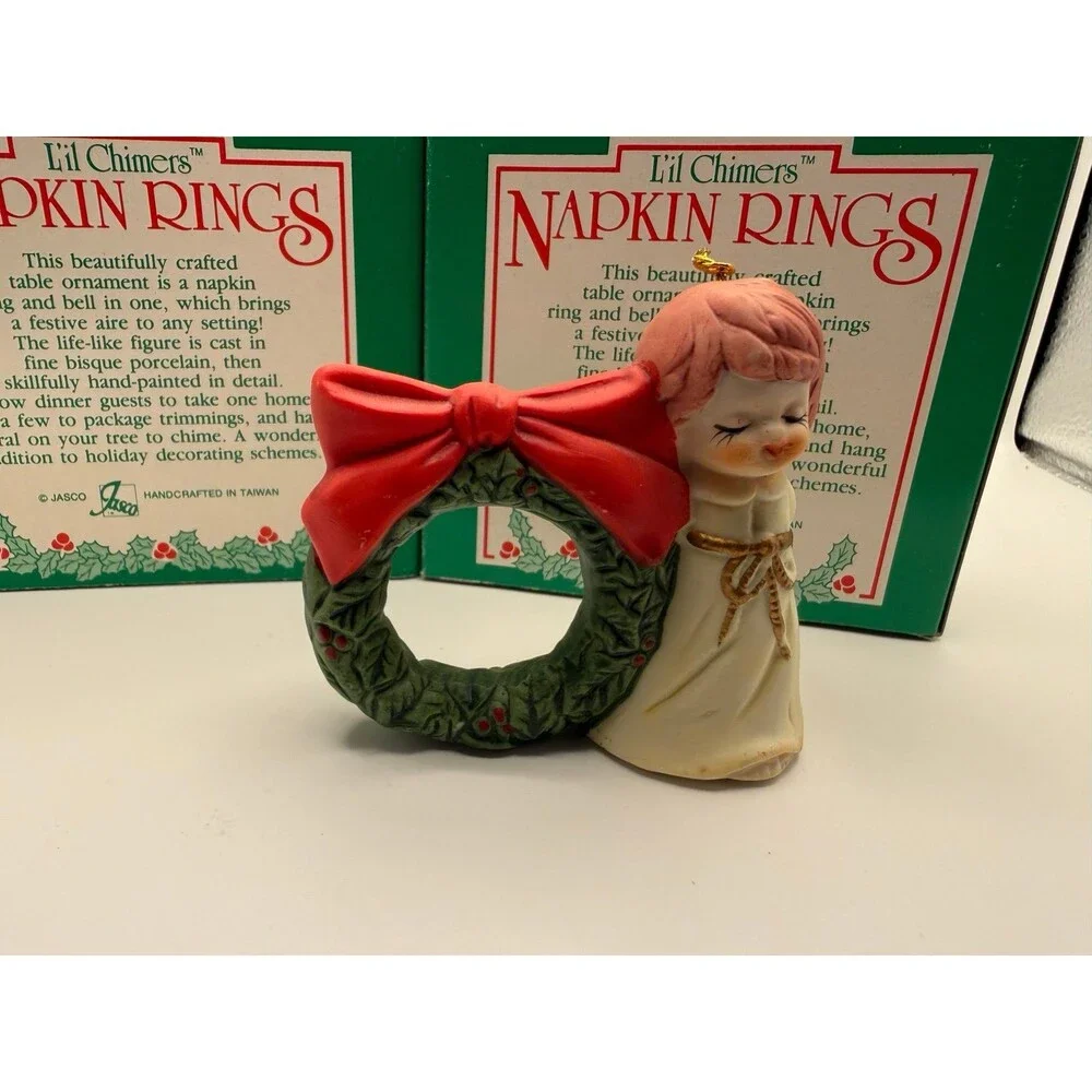 Vintage Jasco L'il Chimers Christmas Napkin Rings Bisque Porcelain Holiday Bell